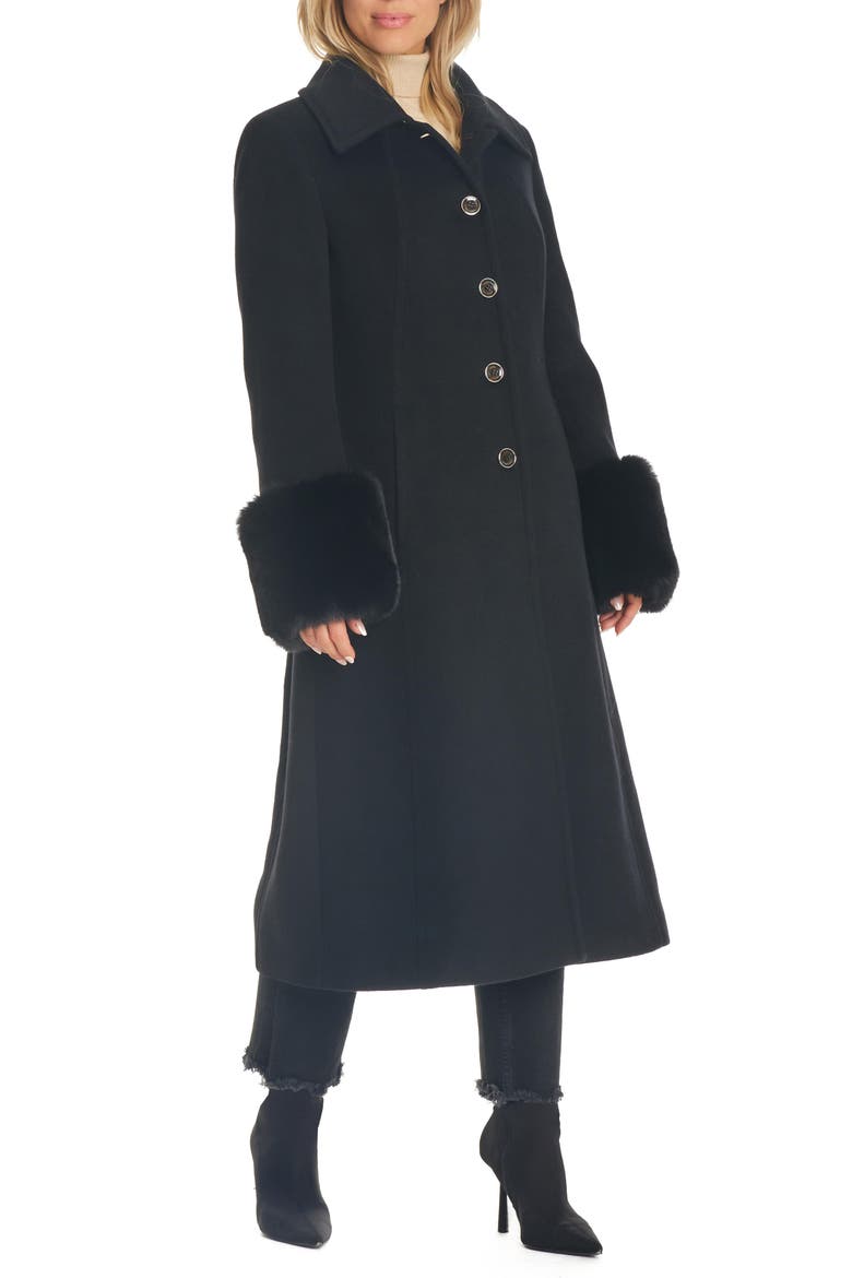 Wool Blend Coat with Removable Faux Fur Collar and Cuffs, Alternate, color, BLACK