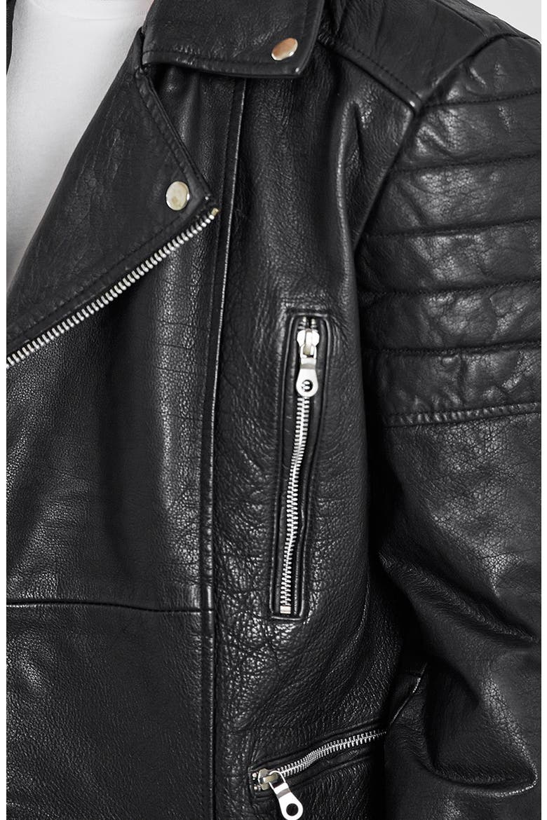 Washed Leather Moto Jacket with Waist Belt, Alternate, color, BLACK