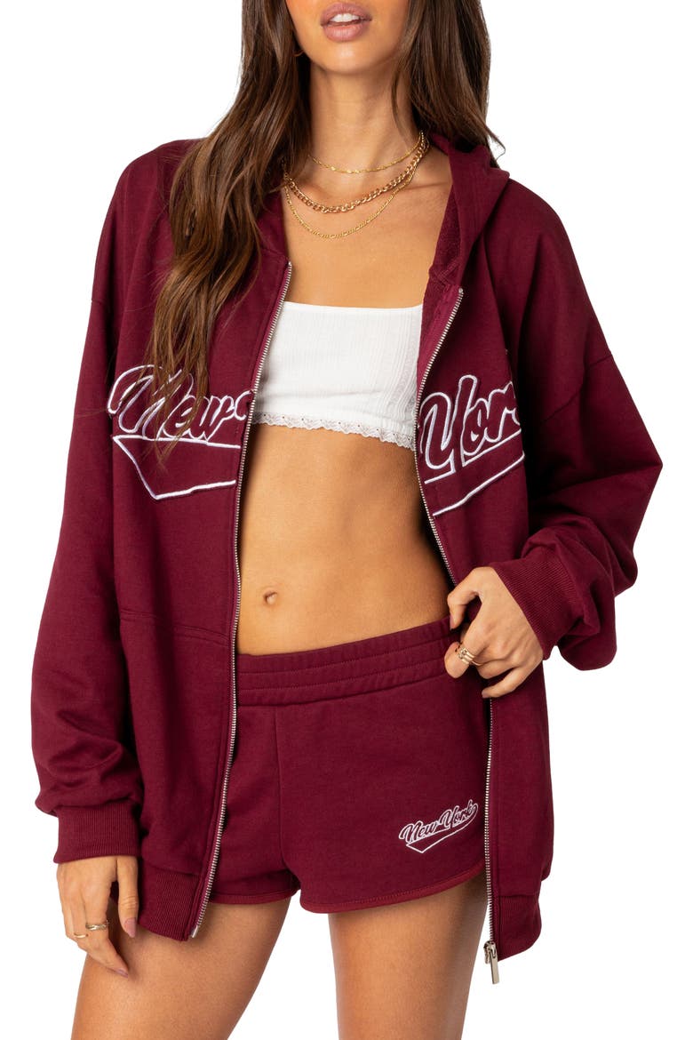 New York Oversize Front Zip Cotton Blend Hoodie, Main, color, BURGUNDY
