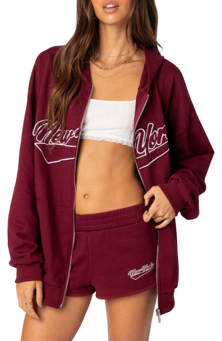 EDIKTED New York Oversize Front Zip Cotton Blend Hoodie, Main, color, Burgundy