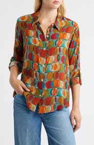 APNY Abstract Print Roll Tab Sleeve Chiffon Button-Up Shirt