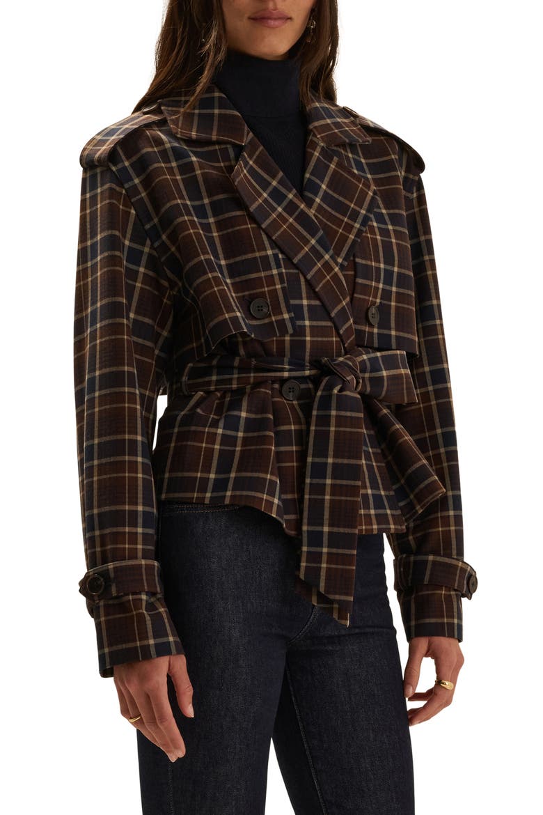 The Cropped Charles Plaid Trench Coat, Alternate, color, TOFFEE PLAID