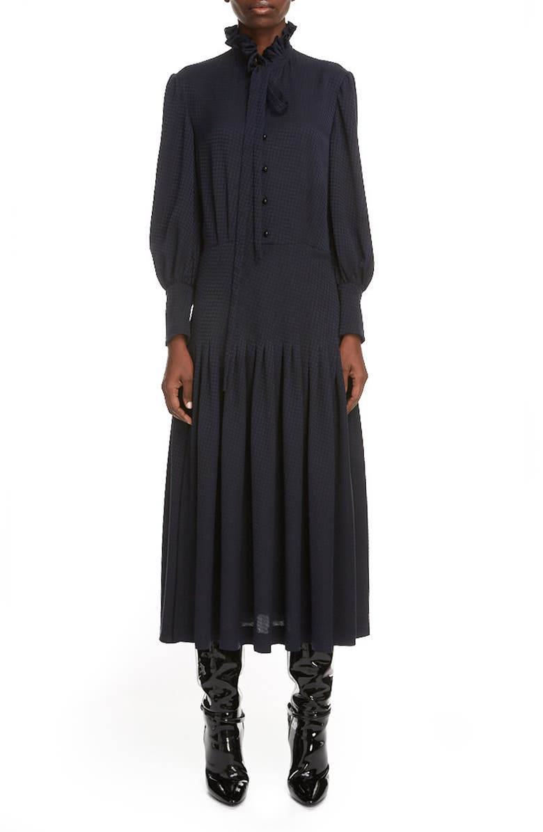 Saint Laurent Houndstooth Jacquard Long Sleeve Midi Dress, Main, color, 