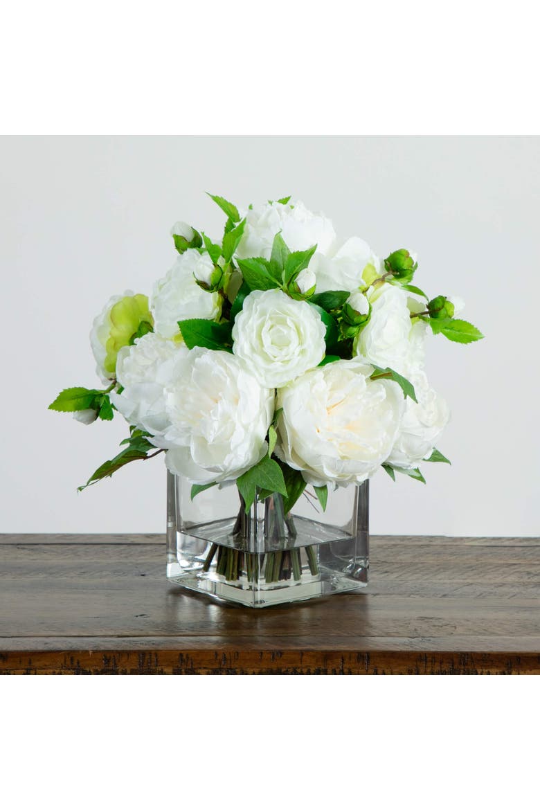 Wedding Collection 13-in Peony and Camellia Artificial Arrangement in Glass Vase, Alternate, color, Green/White