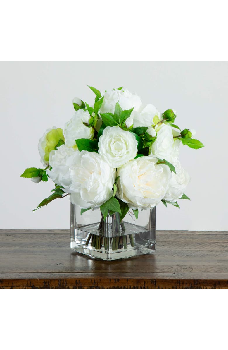 NEARLY NATURAL Wedding Collection 13-in Peony and Camellia Artificial Arrangement in Glass Vase, Alternate, color, Green/White