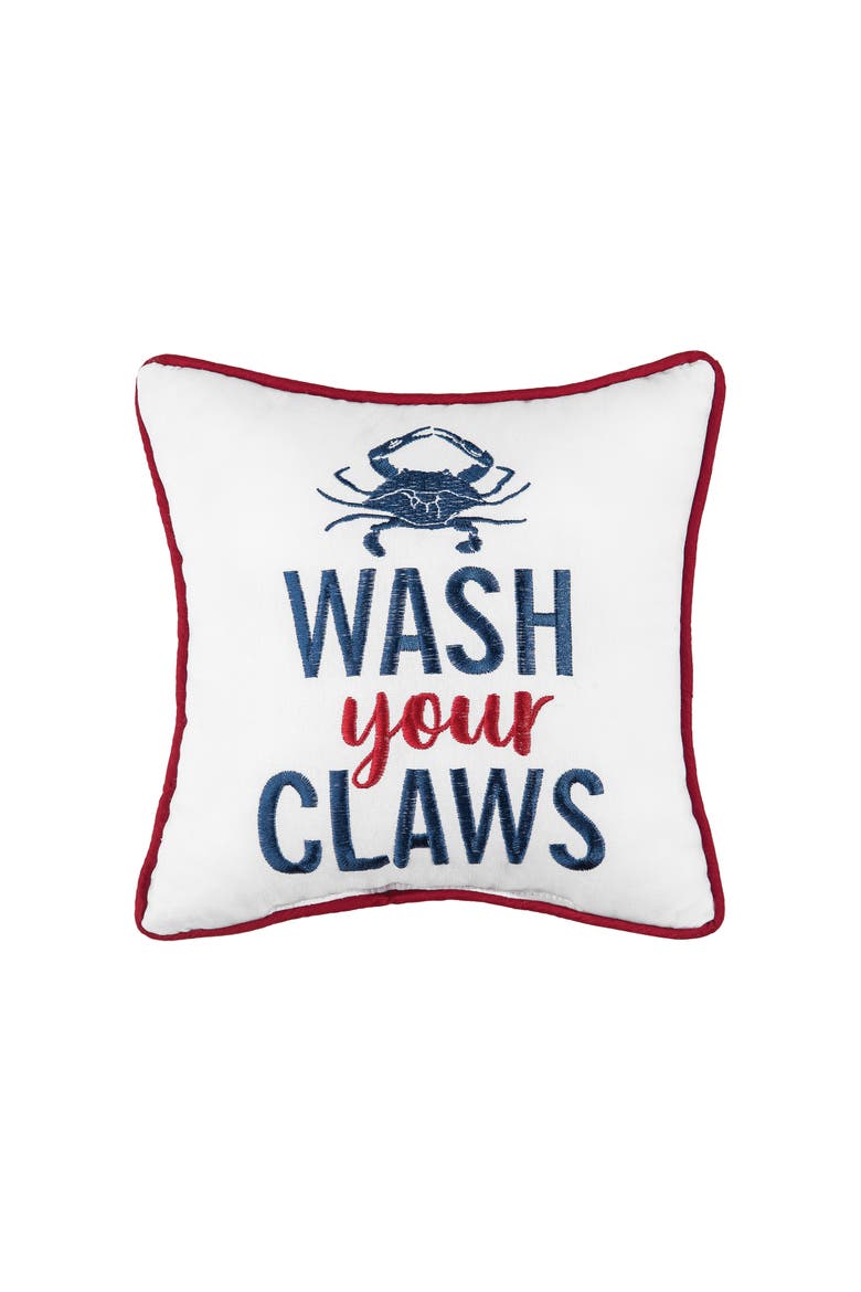 "Wash Your Claws" Blue Crab Mini Cotton Blend Accent Pillow 10" x 10", Main, color, Blue