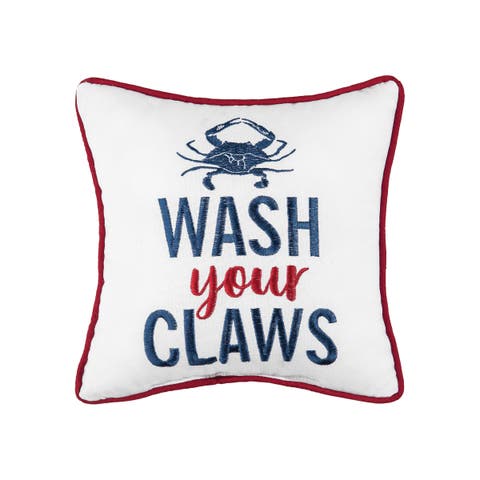 "Wash Your Claws" Blue Crab Mini Cotton Blend Accent Pillow 10" x 10"