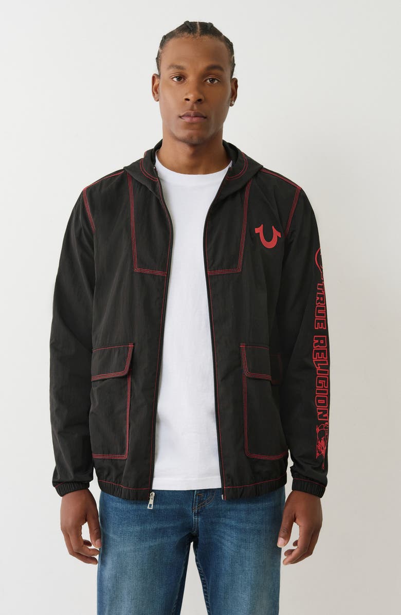 True Religion Triple Needle Contrast Hoodie, Alternate, color, Jet Black