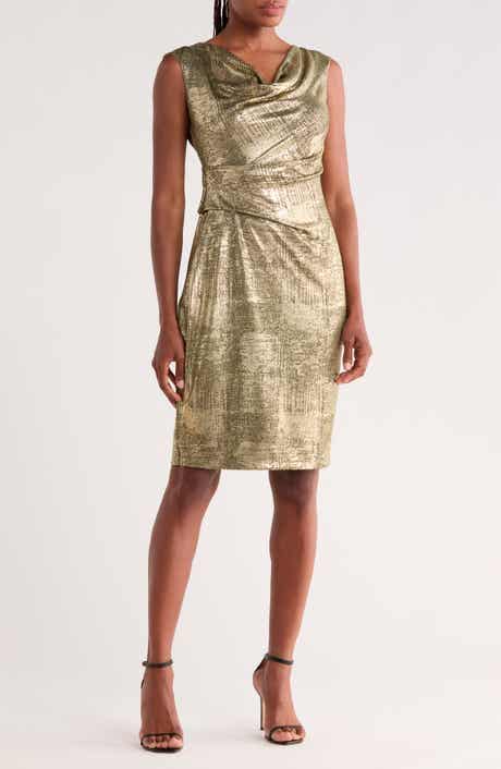 Drape Neck Side Pleat Sheath Dress