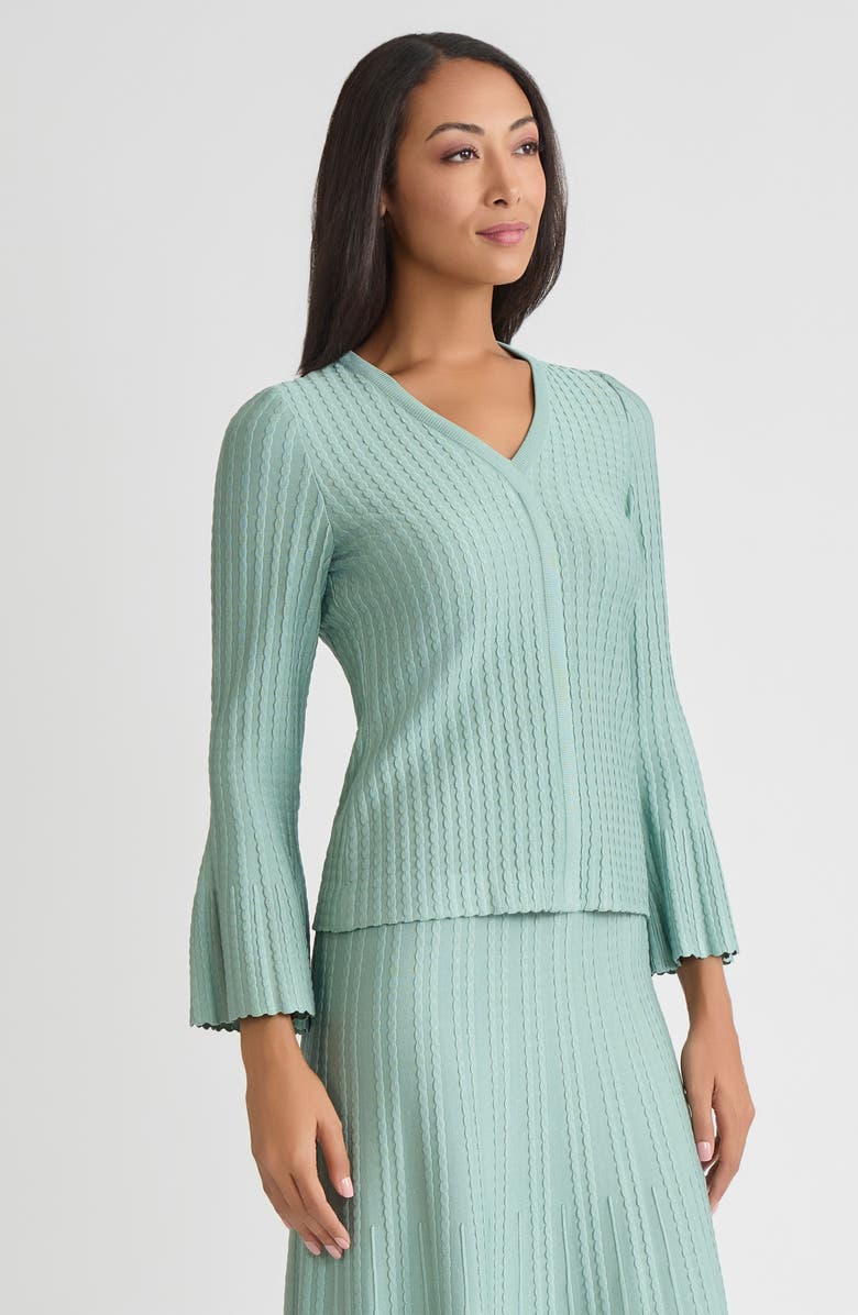 Misook Scalloped Ribbed Knit Bell Sleeve Top, Alternate, color, Mystic Green