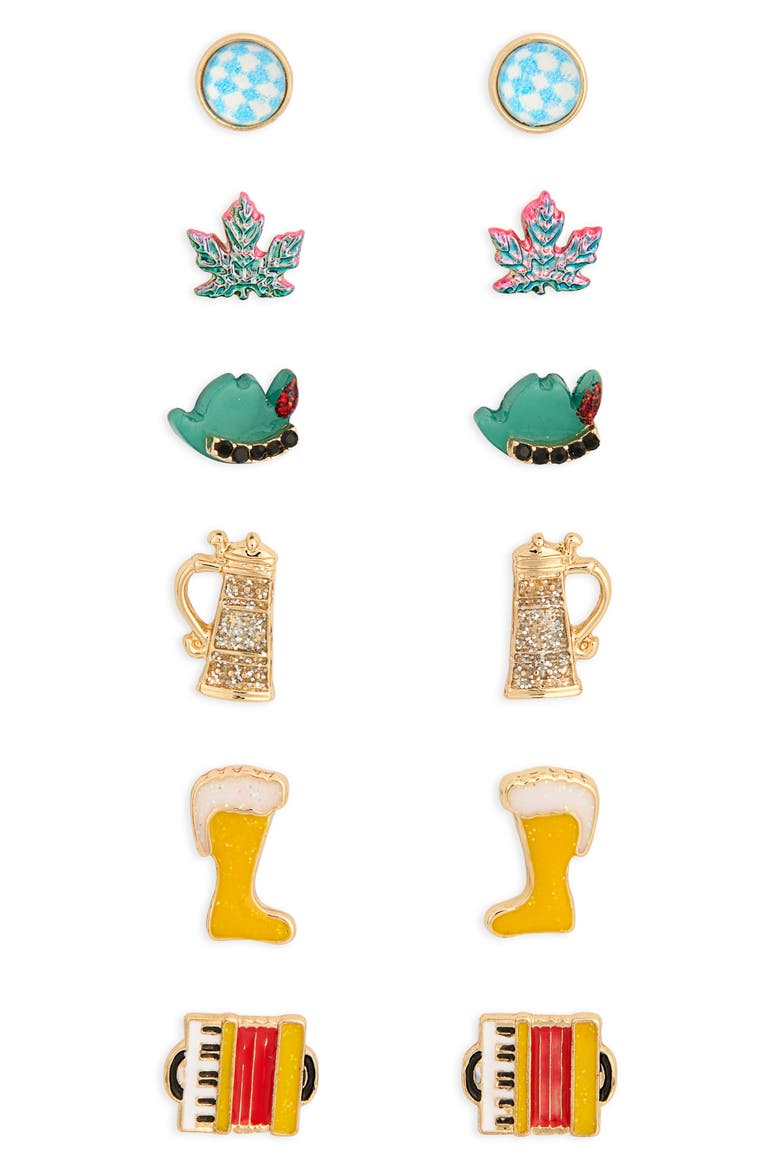 Set of 6 Beer Boot Stud Earrings, Main, color, BLUE MULTI- GOLD