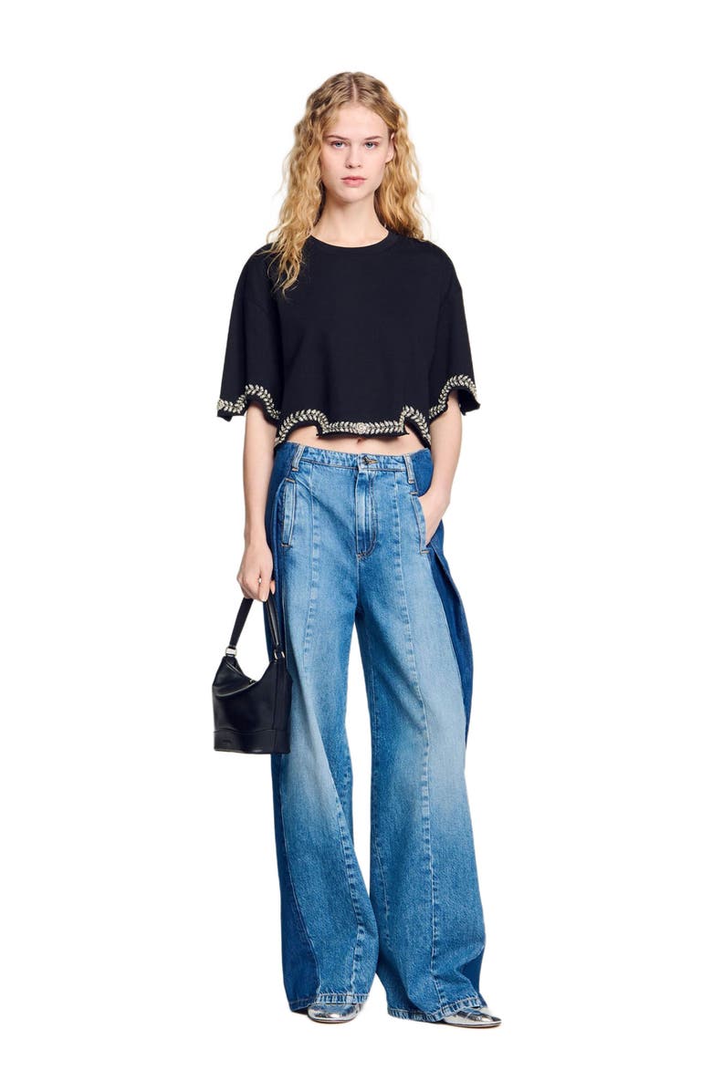 SANDRO Rhinestone cropped T-shirt, Alternate, color, Black