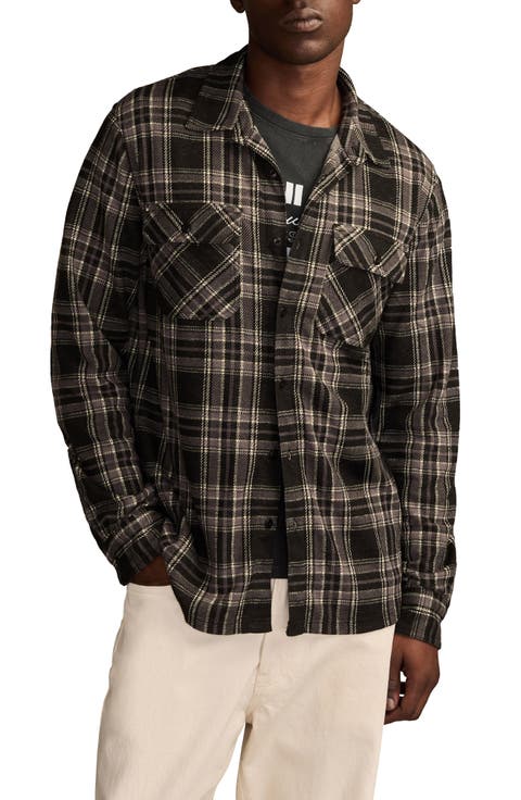 Soft Knit Jersey Plaid Button-Up Shirt