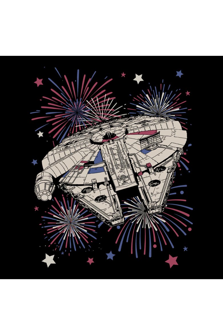 Junior's Festive Fireworks Falcon Short Sleeve Oversized T-Shirt, Alternate, color, Black