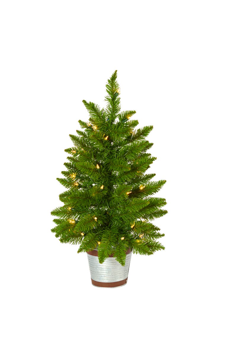 NEARLY NATURAL 2-ft Providence Pine Artificial Christmas Tree in Decorative Planter with 35 Warm White Lights and 51 Bendable Branches, Main, color, Green