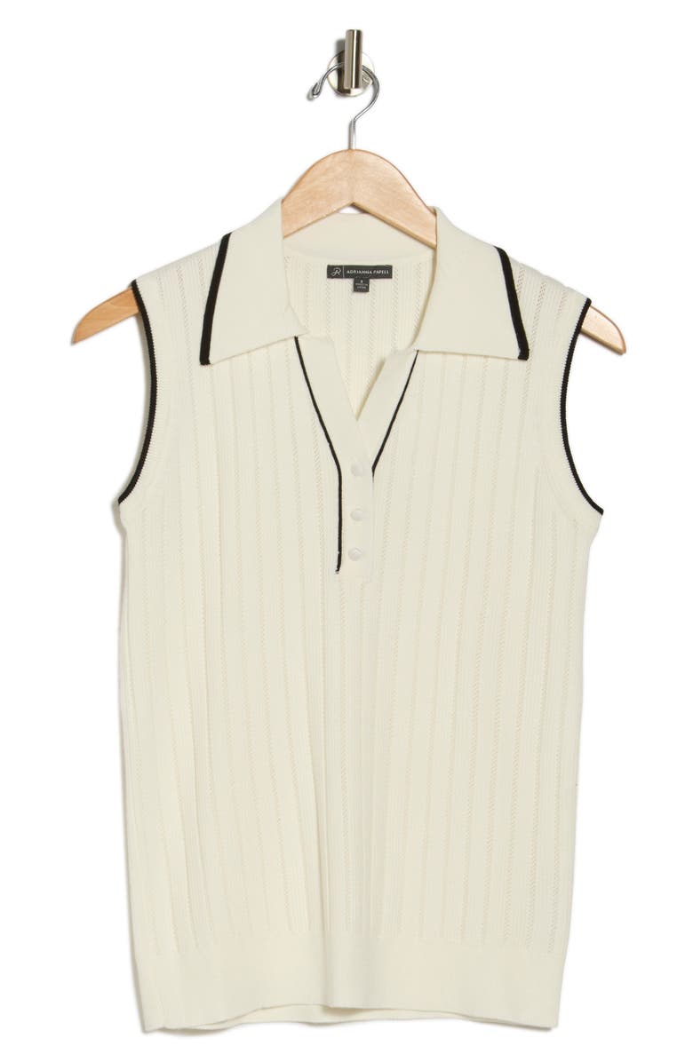 Adrianna Papell Tipped Sleeveless Polo Sweater, Alternate, color, Ivory/ Black