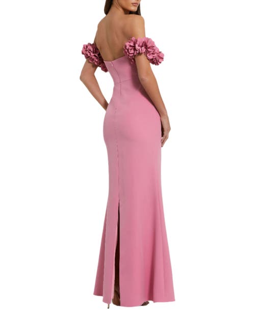 Mac Duggal Off-the-shoulder Crepe Gown With 3d Floral Appliqué
