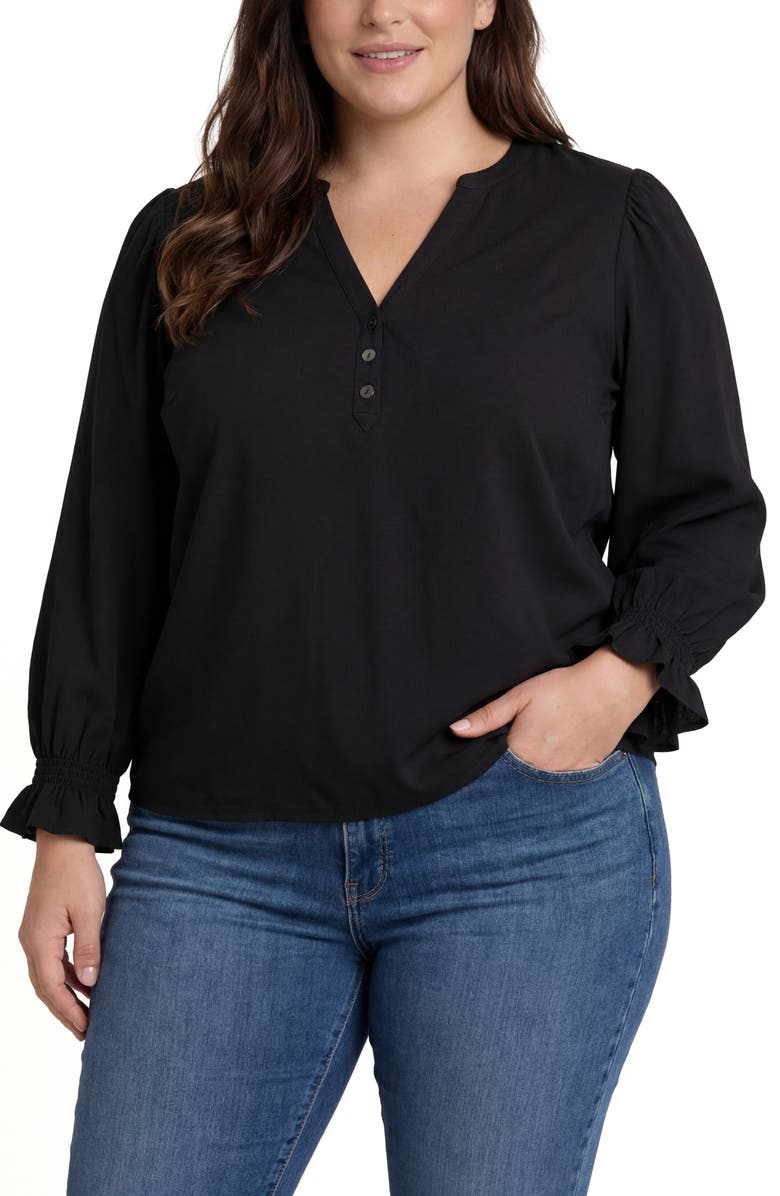 Liverpool Los Angeles Mixed Media Three-Quarter Sleeve Top, Main, color, Black