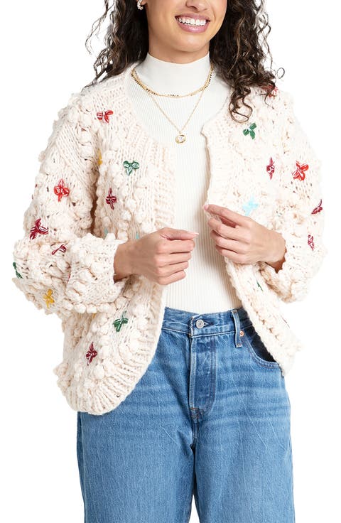 Cross Stitched Pompom Cardigan