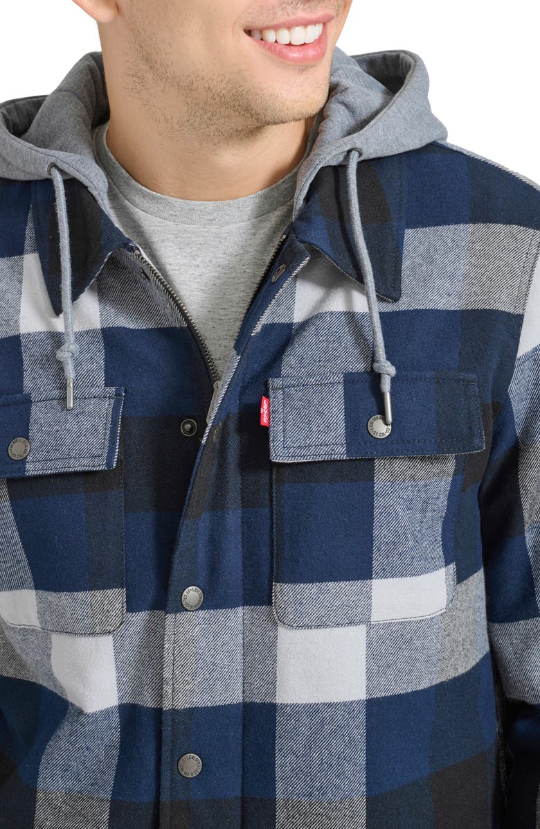 Levi's Plaid Faux Shearling Lined Jersey Hood Shirt Jacket, Alternate, color, Navy Twill