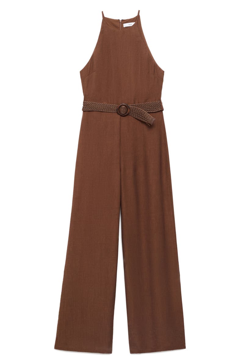 MANGO Texture Sleeveless Wide Leg Jumpsuit, Main, color, Brown
