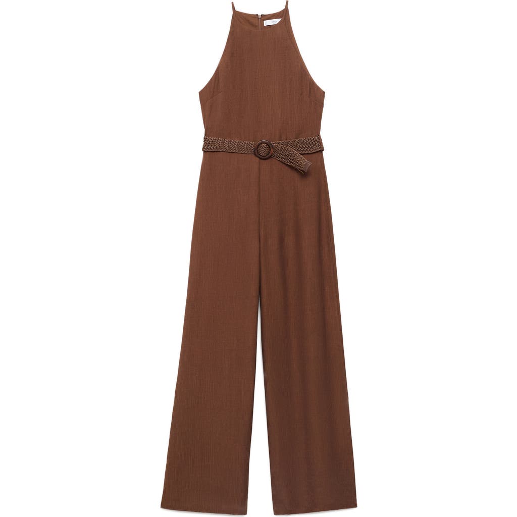 Mango Texture Sleeveless Wide Leg Jumpsuit In Brown