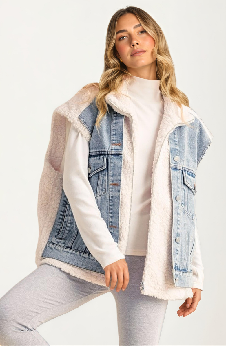 Knit and Lounge Sleeveless Denim and Fleece Snap-Pocket Vest, Alternate, color, 