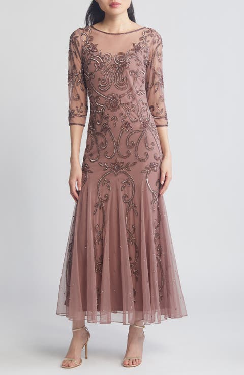 Beaded Illusion Neck Gown