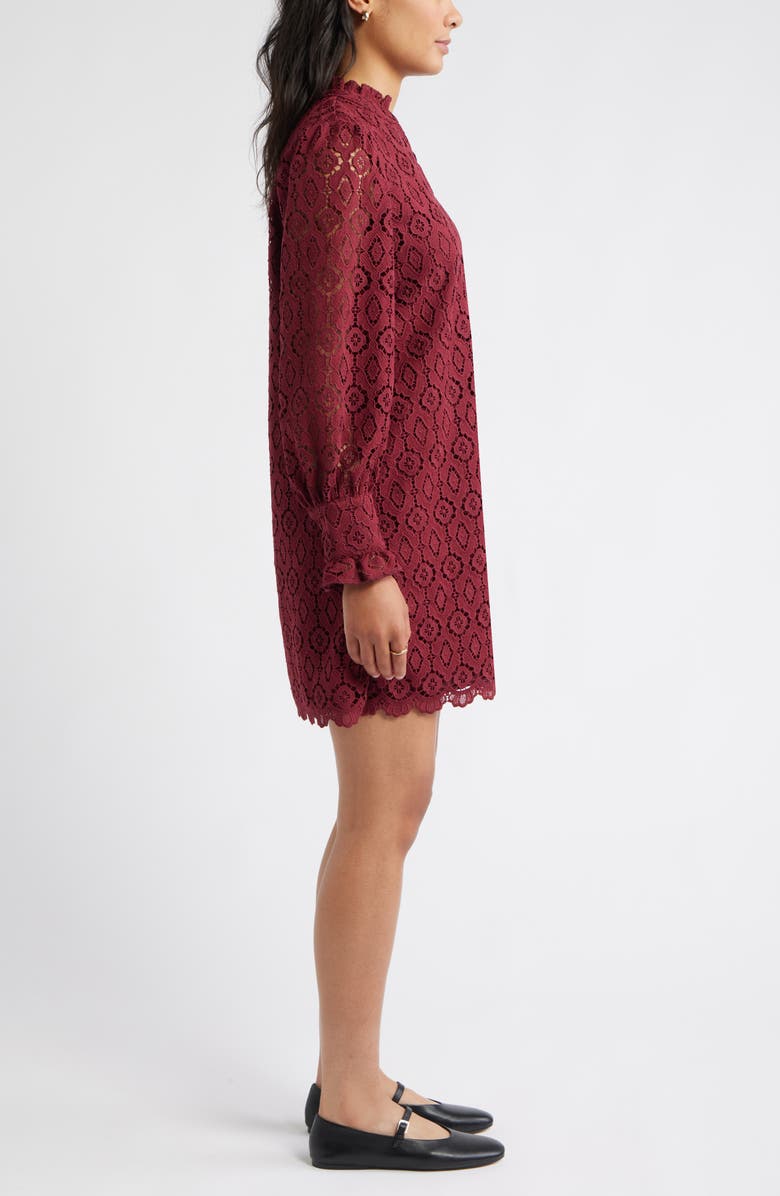 Caslon<sup>®</sup> Ruffle Long Sleeve Lace Shift Dress, Alternate, color, Burgundy Tannin