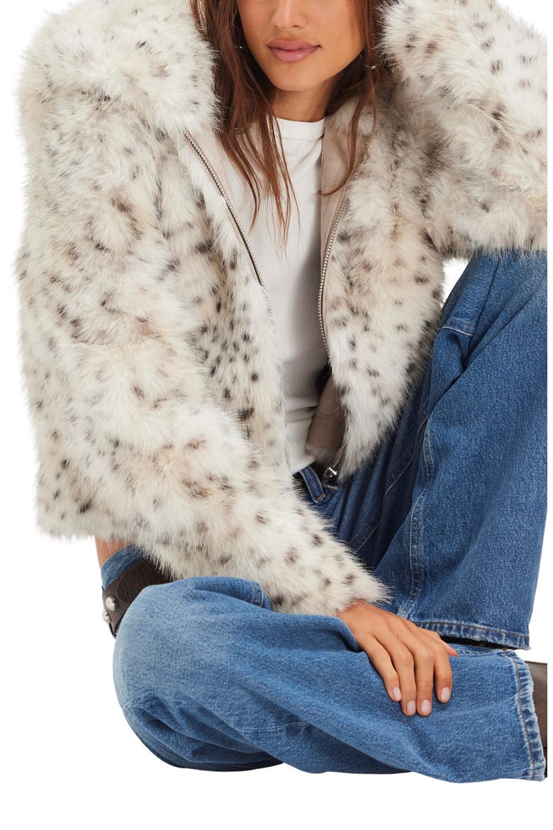 Louder Pleas Hooded Snow Leopard Spot Faux Fur Jacket, Alternate, color, SNOW LEOPARD
