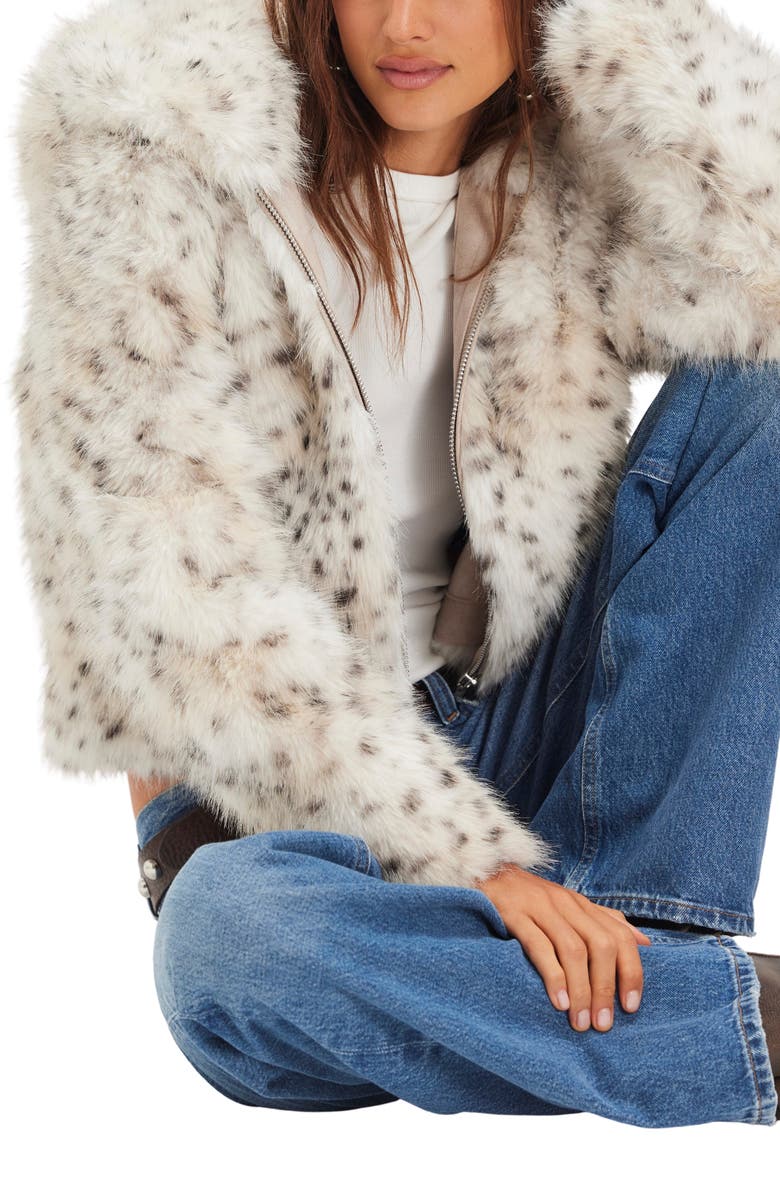 Free People Louder Pleas Hooded Snow Leopard Spot Faux Fur Jacket, Alternate, color, Snow Leopard