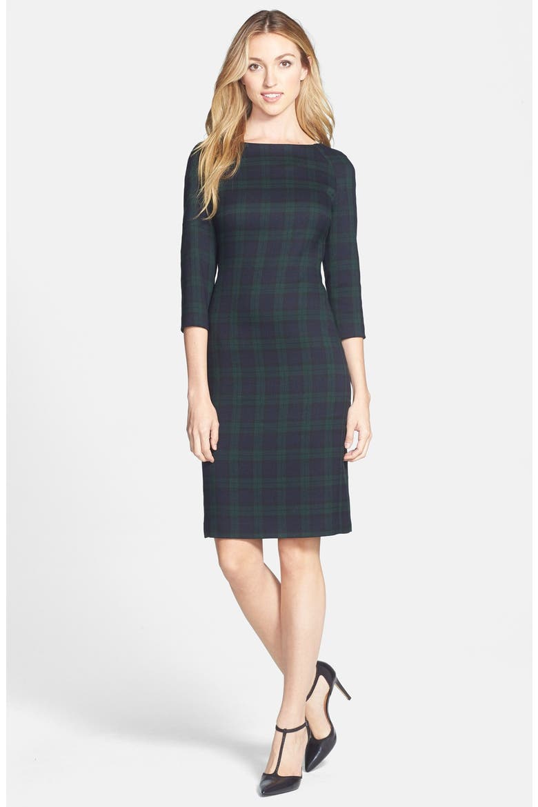 Anne Klein Plaid Sheath Dress, Main, color, HUNTER GREEN MULTI