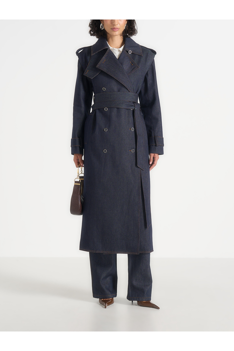 Esther Denim Trench Coat With Double Belt, Main, color, Indigo