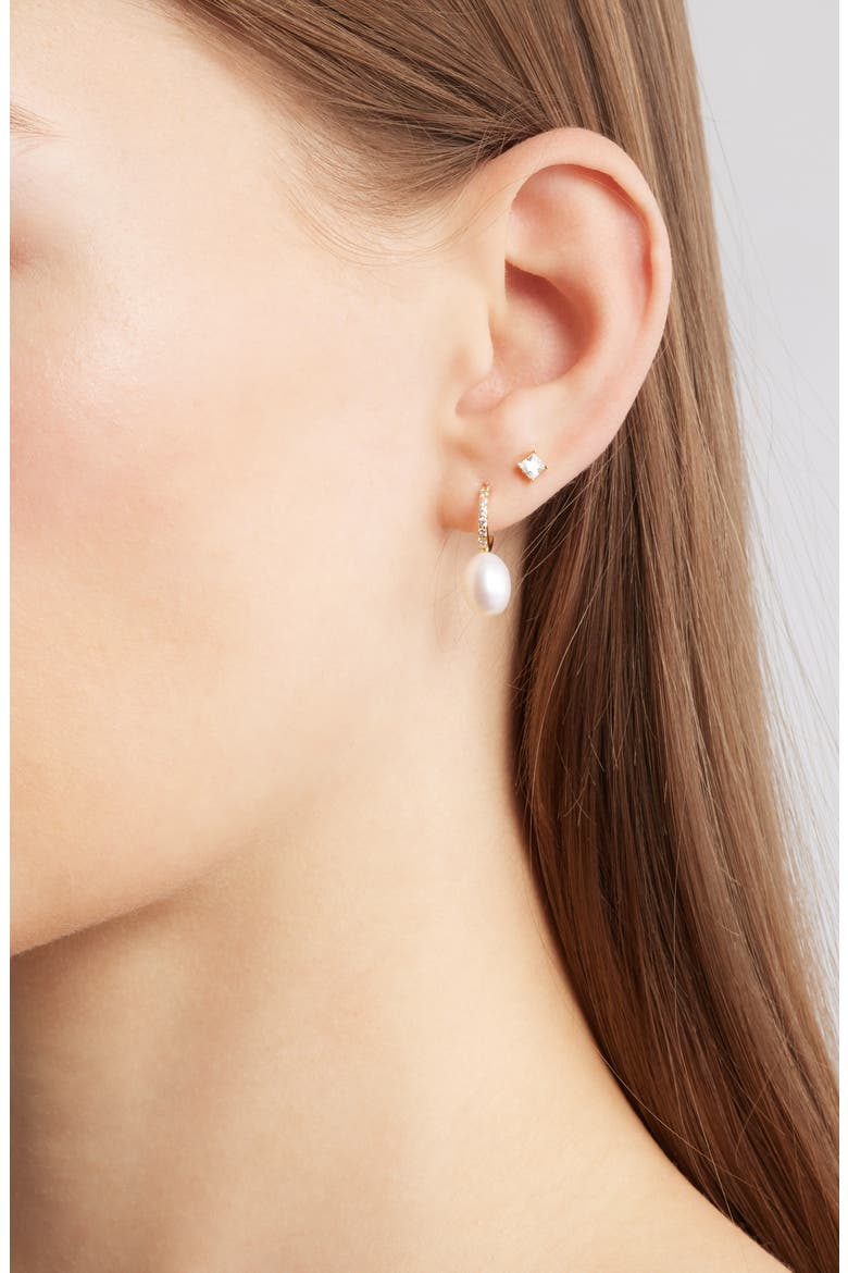 Set of 3 Demi Fine Cubic Zirconia Stud & Pearl Drop Earrings, Alternate, color, 14K GOLD PLATED