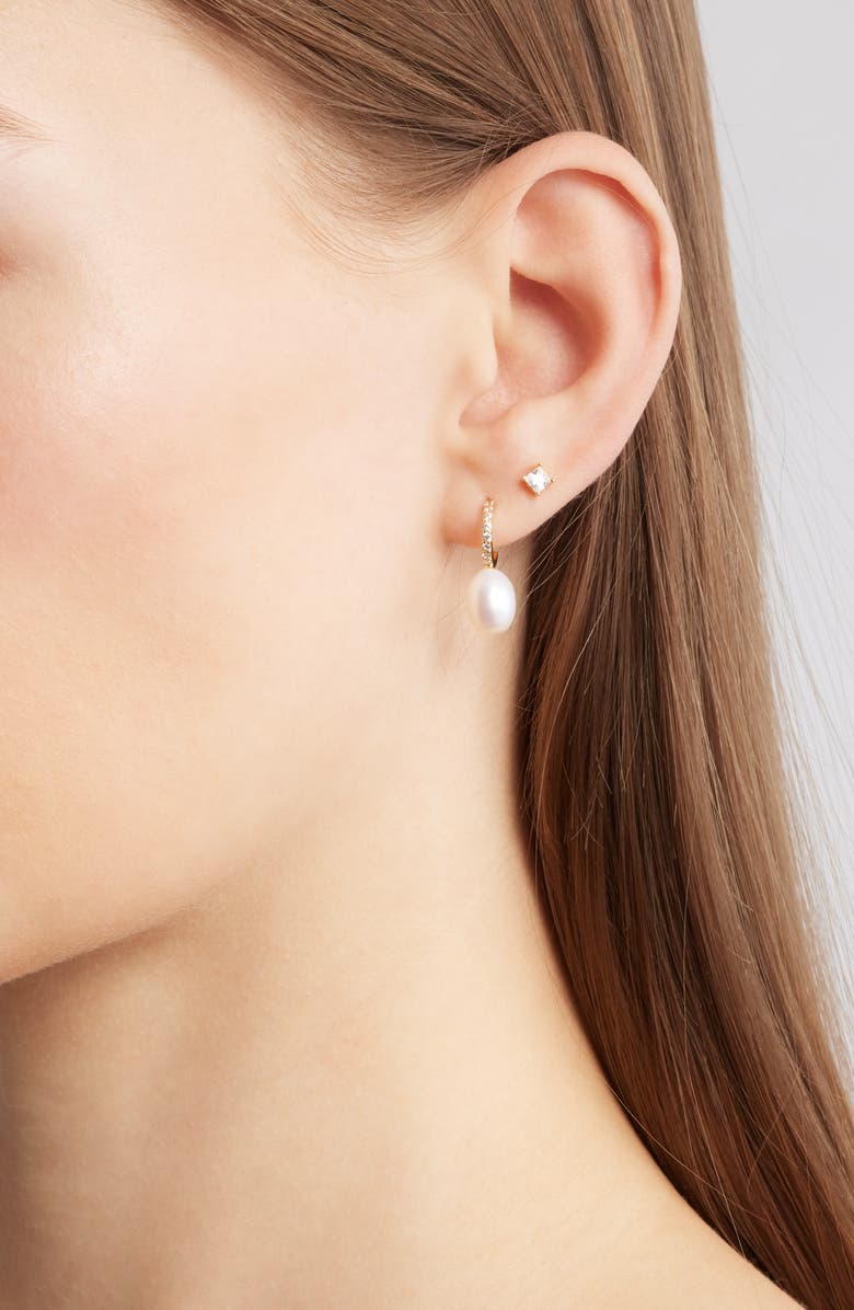 Nordstrom Set of 3 Demi Fine Cubic Zirconia Stud & Pearl Drop Earrings, Alternate, color, 14K Gold Plated
