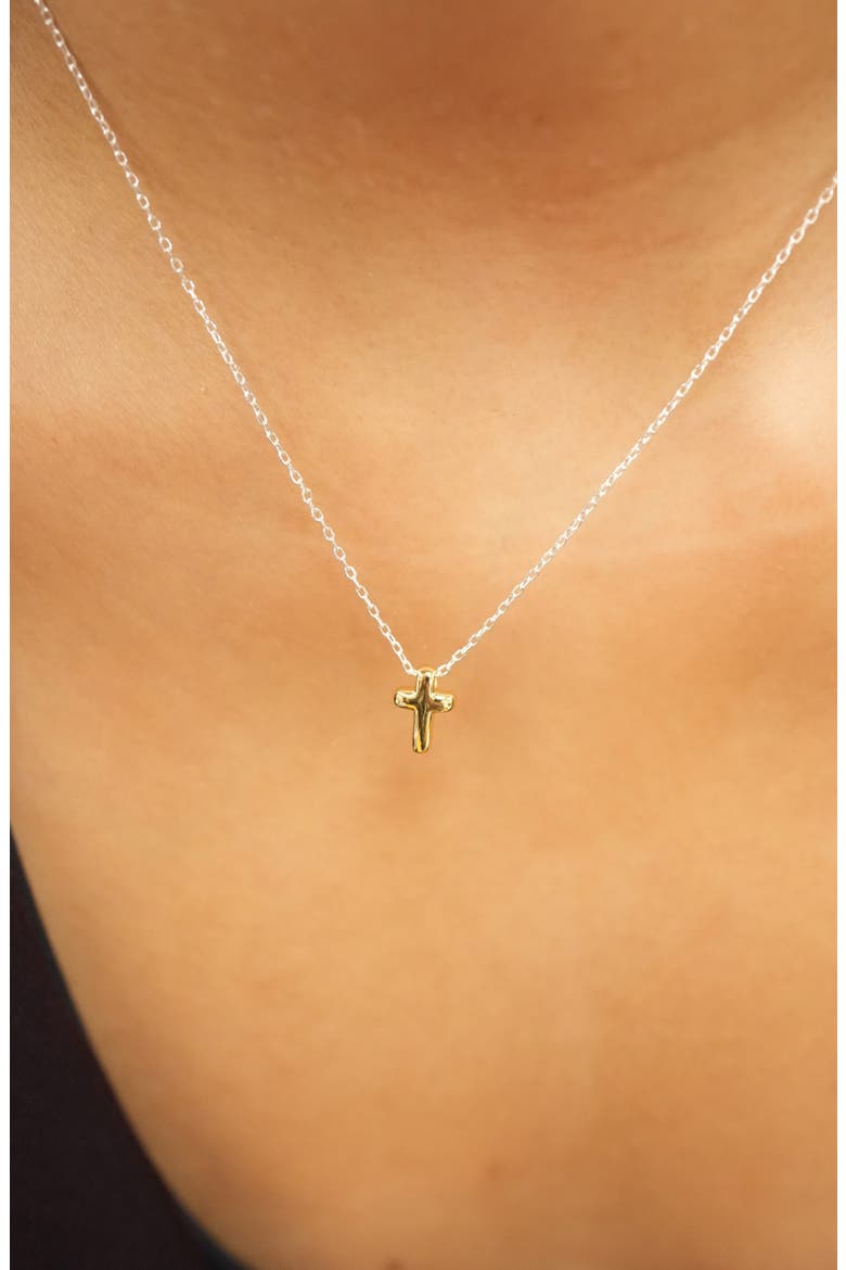Two-Tone Puffy Cross Pendant Necklace, Alternate, color, GOLD/ SILVER
