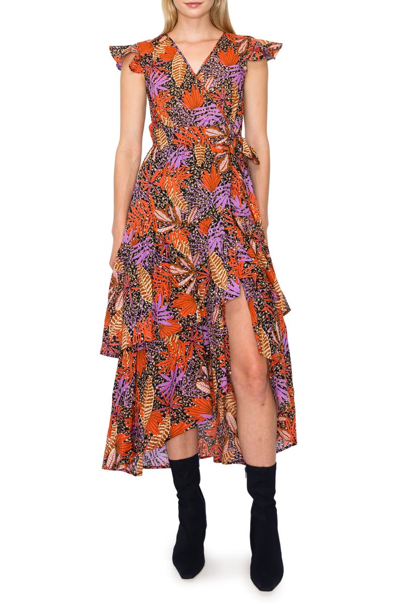 MELLODAY Floral Print Flutter Sleeve Faux Wrap Midi Dress, Main, color,