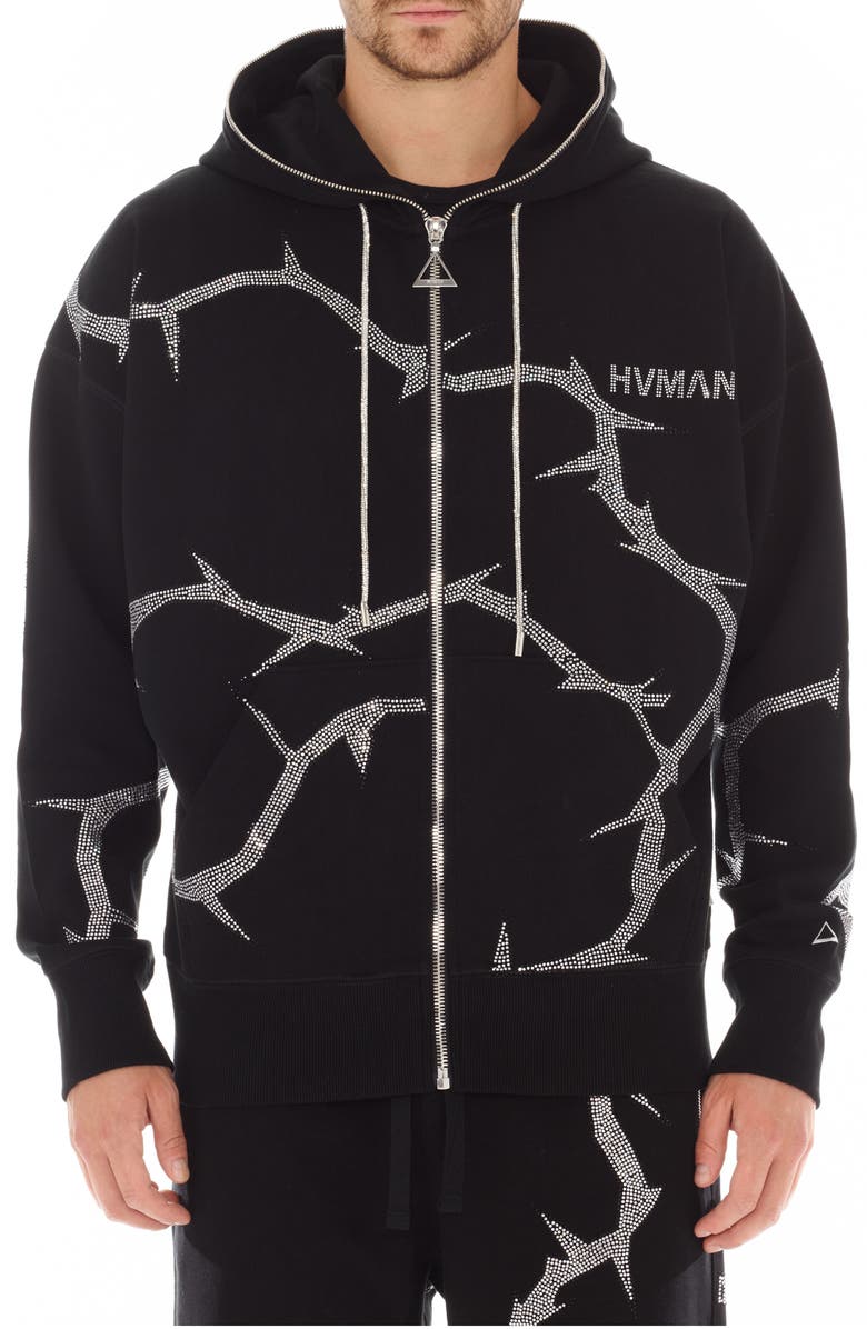 HVMAN Embellished Zip-Up Hoodie, Main, color, Black/ Thorn