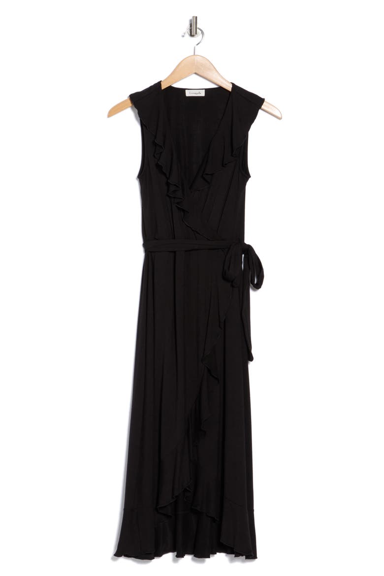 Ruffle Faux Wrap Midi Dress, Alternate, color, BLACK