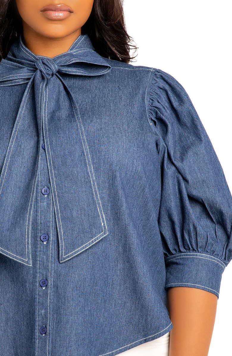 BUXOM COUTURE Bow Neck Denim Shirt, Alternate, color,