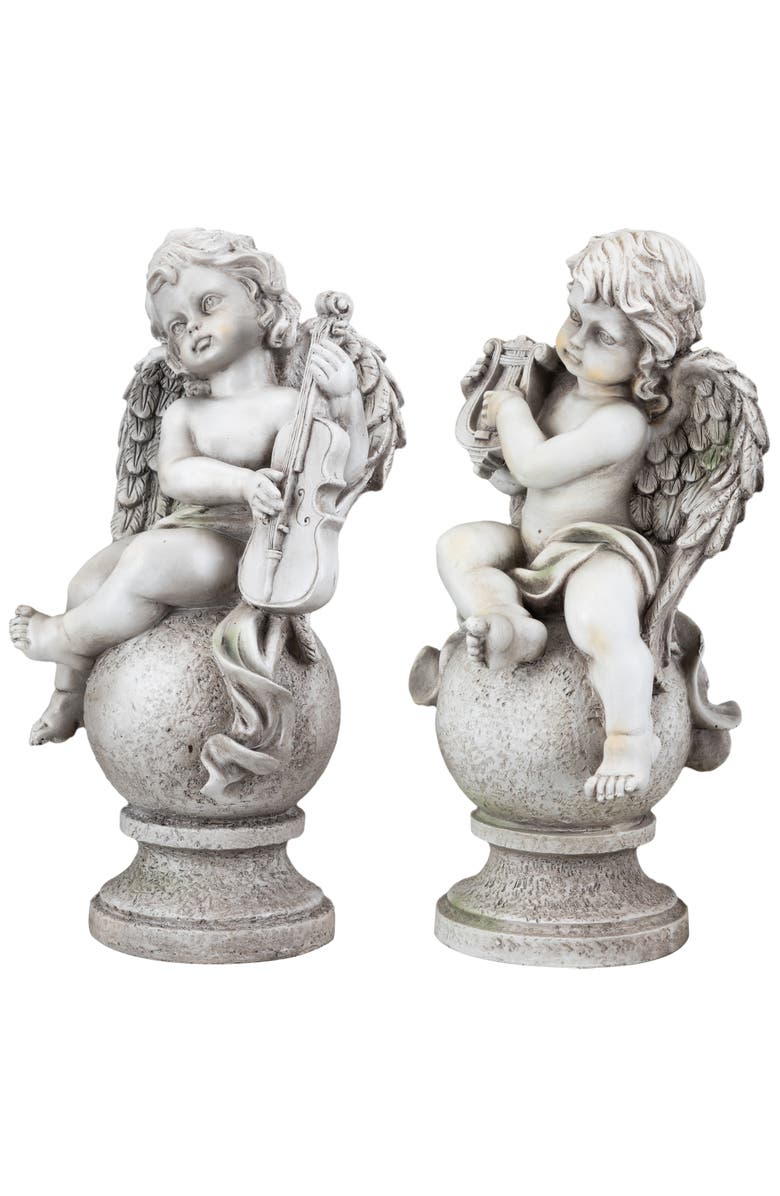 Northlight 14.75" Set of 2 Cherub Angels with Instruments Outdoor Garden Statues, Alternate, color, Gray