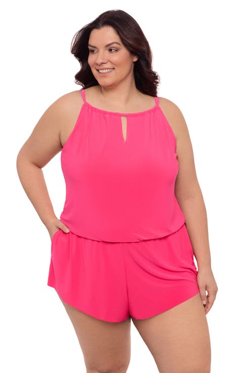 Plus Size Keyhole Blouson Slimming Swimsuit Romper with Pockets