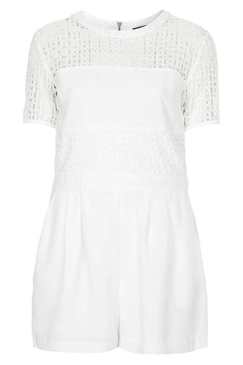 Eyelet Panel Short Sleeve Romper, Alternate, color, WHITE