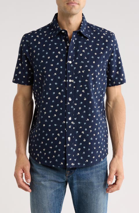 Print Short Sleeve Cotton Seersucker Button-Up Shirt