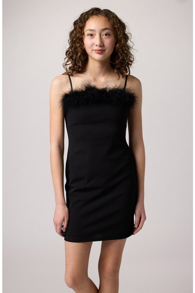 Kids' Faux Feather Trim Stretch Crepe Dress, Alternate, color, BLACK