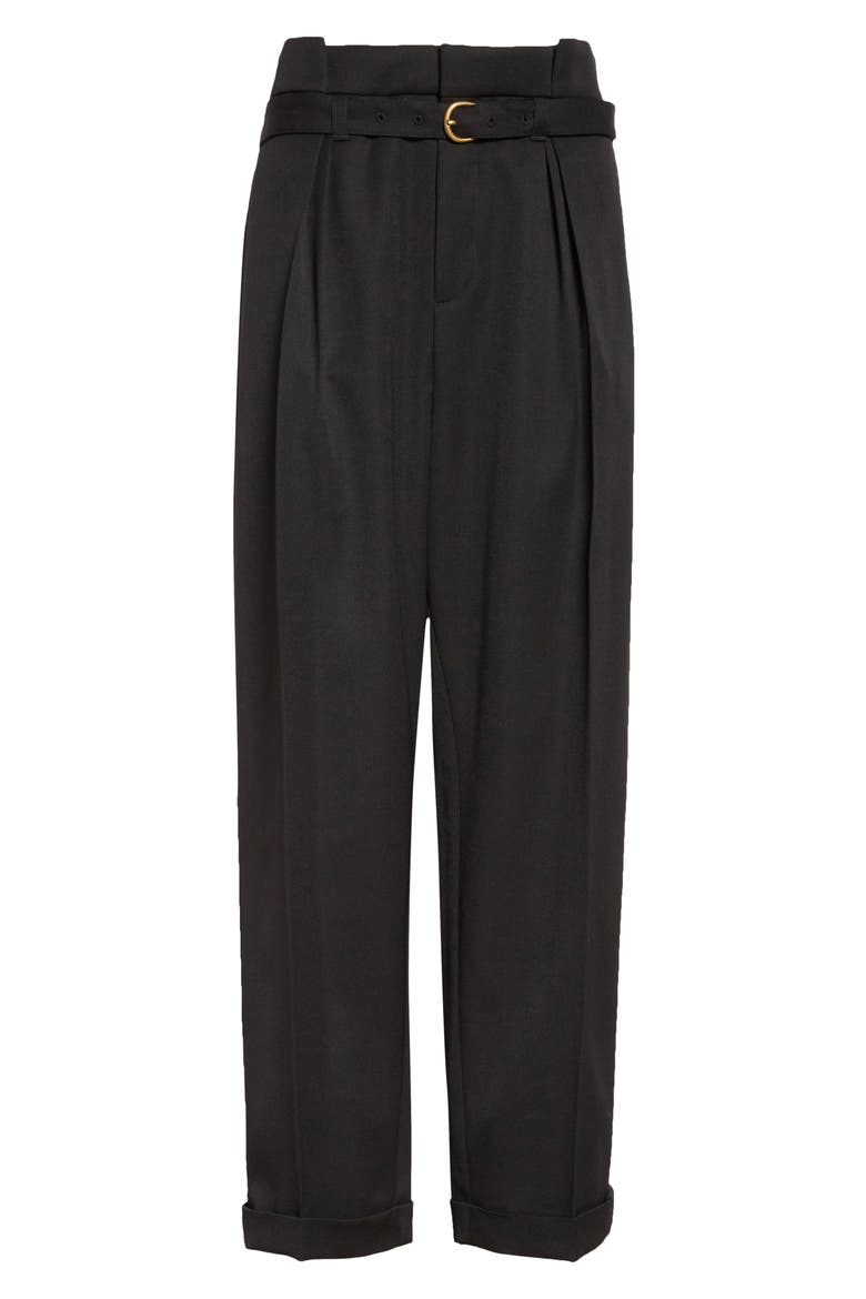 Belted Paperbag Waist Grain de Poudre Wool Pants, Alternate, color, BLACK