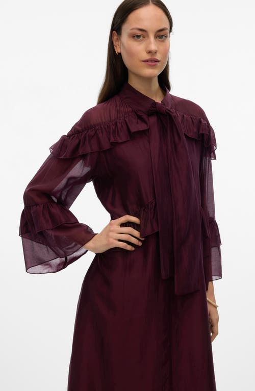 Vero Moda Jenna Ruffle Detail Long Sleeve Dress In Burgundy