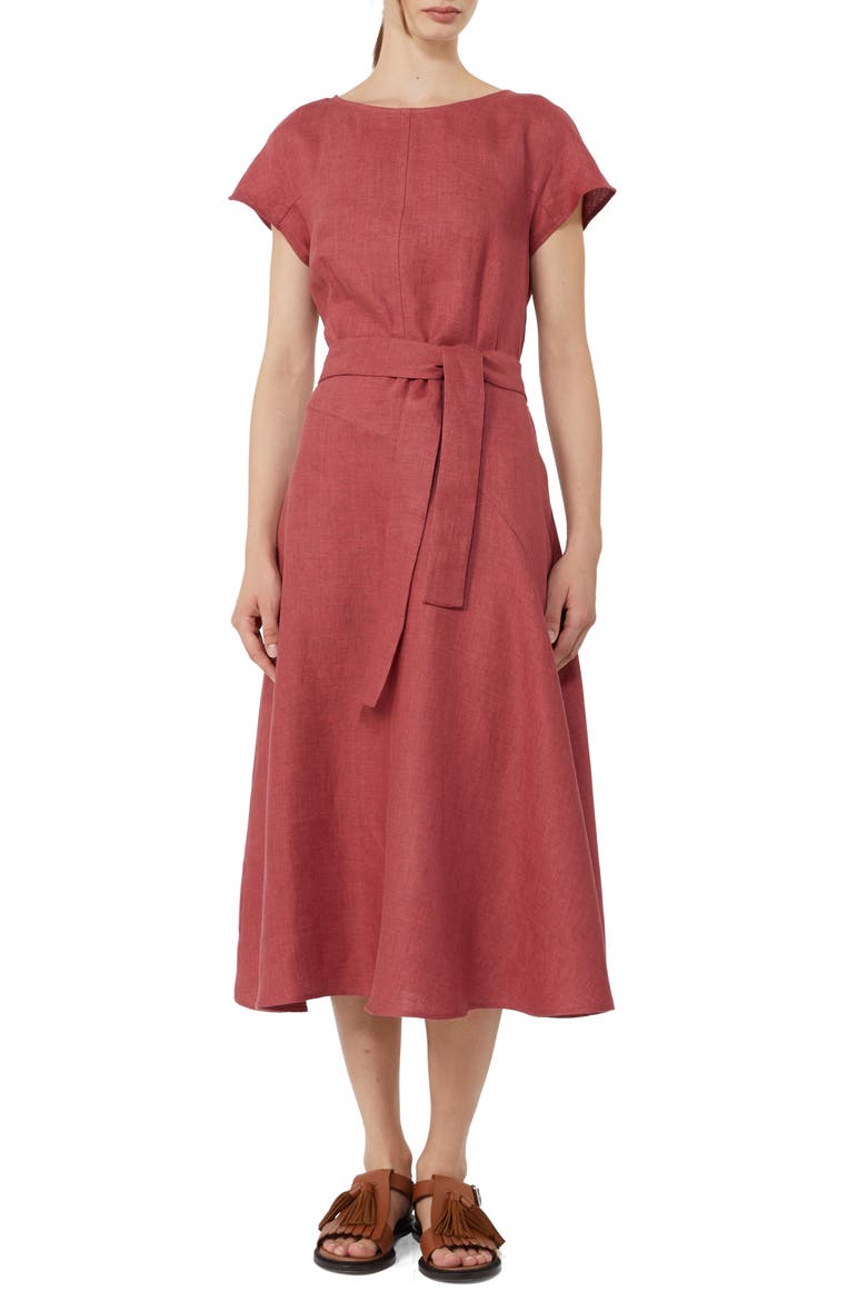 Esordio Belted Linen Canvas A-Line Midi Dress, Main, color, CHERRY