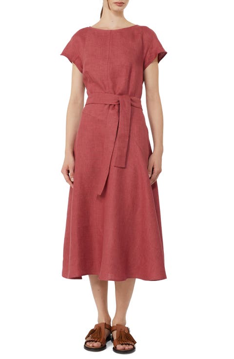 Esordio Belted Linen Canvas A-Line Midi Dress