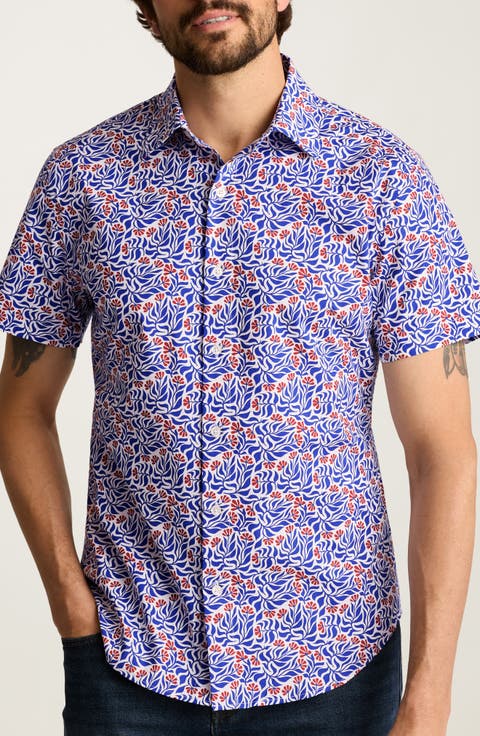 Riviera Slim Fit Floral Short Sleeve Stretch Cotton Button-Up Shirtr